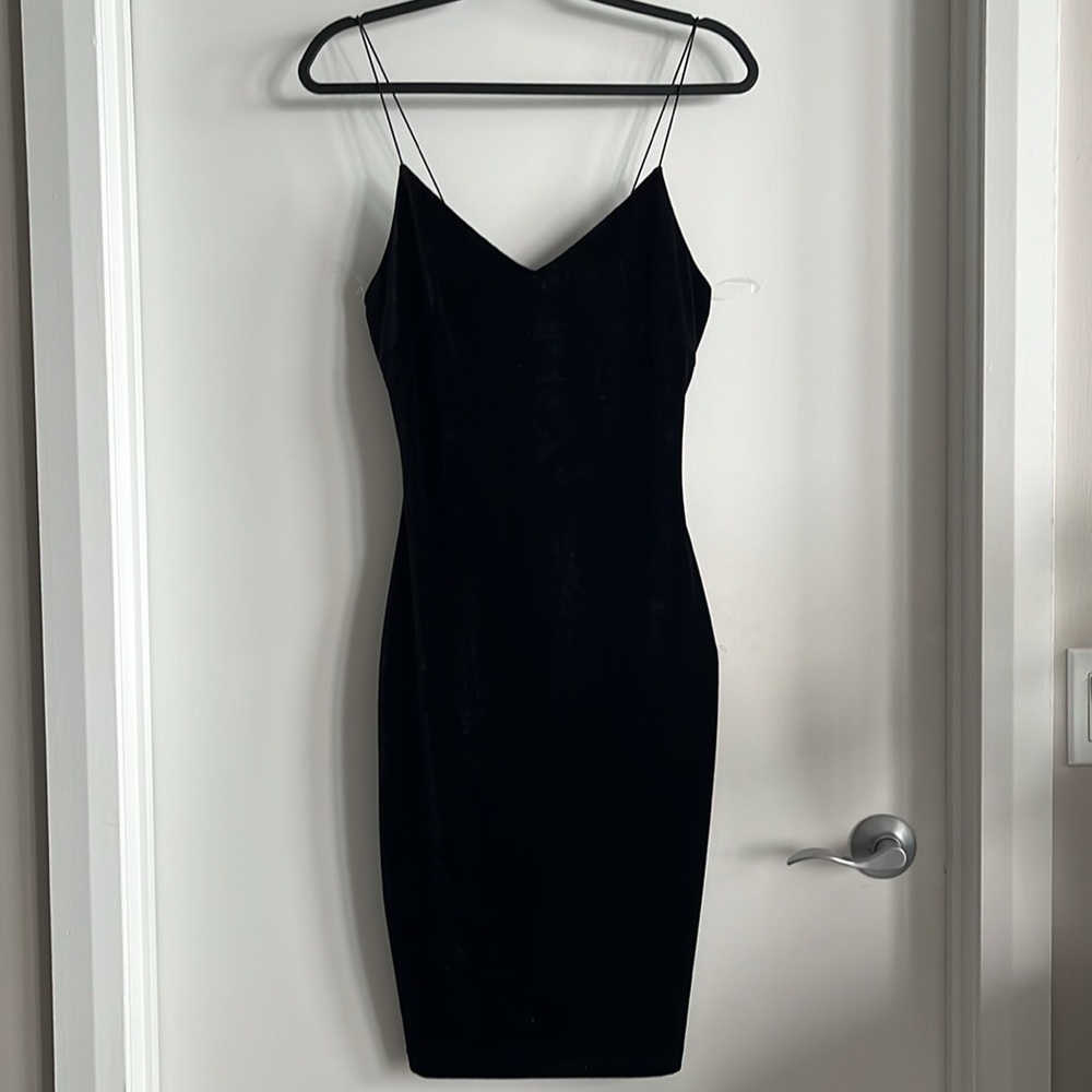 Soft Warm Black Dress, medium, velvet feel, lined, spaghetti straps knee length